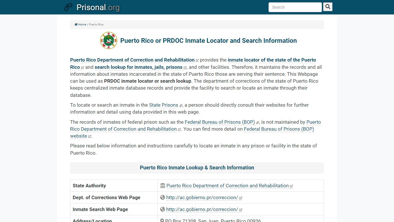 Puerto Rico or PRDOC Inmate Locator and Search Information